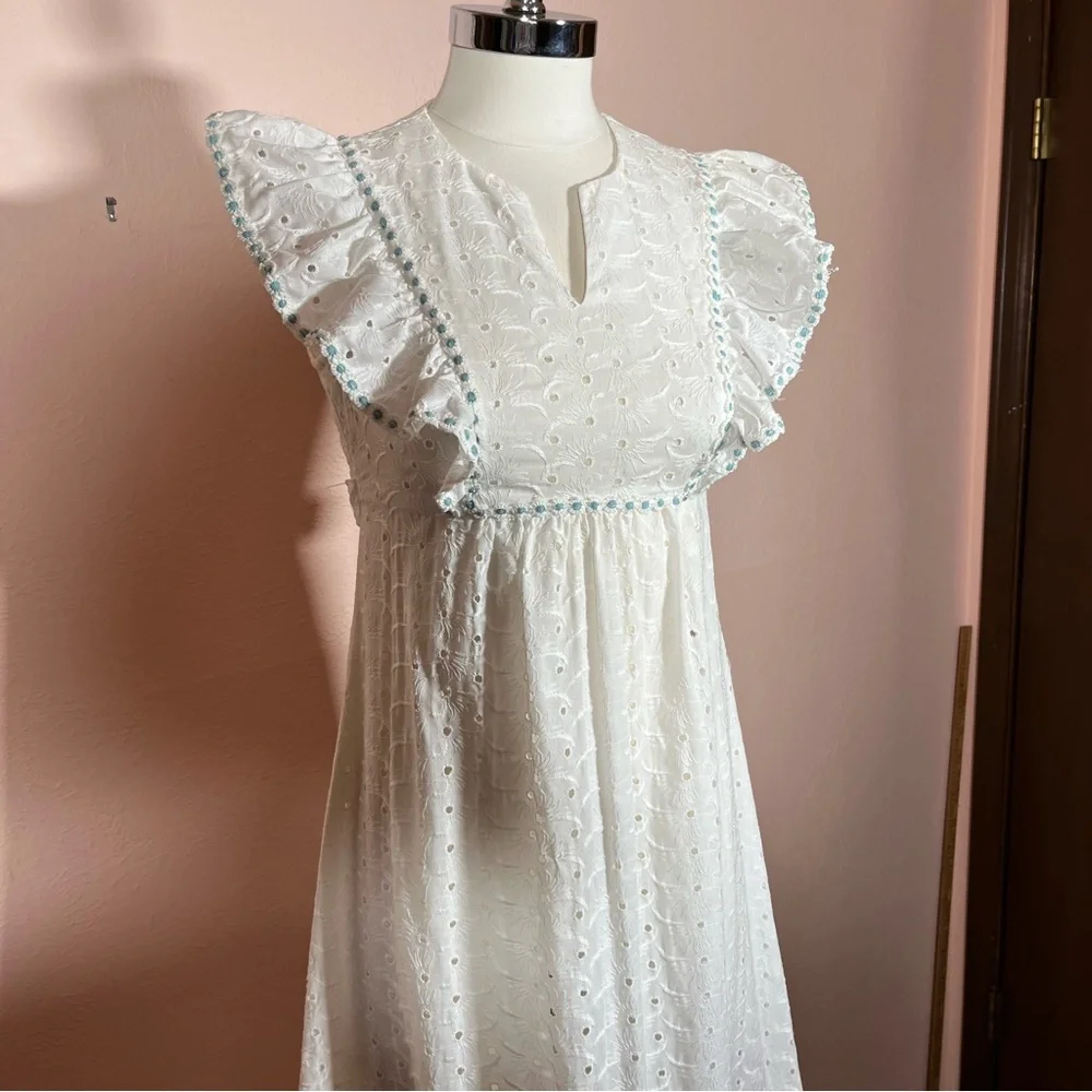 Vintage 60 70 Cottagecore White Eyelet Lace Ruffle Sleeve Praire Maxi Dress - Picture 13 of 17